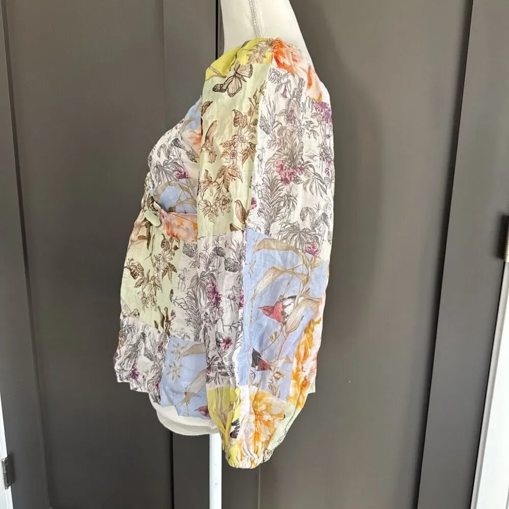 Banana Republic Womens M Multicolor Bird Floral Ramie Twist Front Blouse Top